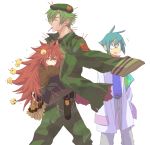  2boys beret bird carrying chick cigarette dandruff flaky flippy green_hair happy_tree_friends hat height_difference hug kaboom-chuck long_hair military military_uniform multiple_boys personification red_eyes red_hair redhead short_hair sniffles tears uniform 