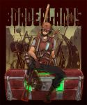  bandolier beard belt boots borderlands brown_hair facial_hair gloves glowing goggles goggles_on_head gun keisuke_(pixiv42454) knee_pads knife mailbox male mask mordecai_(borderlands) rifle sitting smile sniper_rifle weapon 