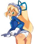  android ass blonde_hair blush blush_stickers bottomless capcom coat cosplay drawfag dress flat_chest gloves green_eyes hair_ribbon hood ice_man ice_man_(cosplay) iceman iceman_(cosplay) katosei long_hair long_sleeves looking_at_viewer open_mouth panties parka ponytail ribbon rockman rockman_(classic) roll simple_background underwear white_background 