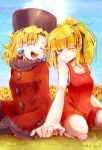  bare_shoulders blonde_hair blue_eyes blush capcom coat doll_joints dress earrings flower fur_hat hair_ribbon hand_holding hat holding_hands jewelry kalinka_cossack long_hair multiple_girls open_mouth pantyhose ponytail red_dress ribbon rockman rockman_(classic) roll smile sunflower teeth tobikingyo wink 