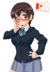  brown_eyes brown_hair glasses inaka_keikou k-on! manabe_nodoka red-framed_glasses school_uniform semi-rimless_glasses short_hair under-rim_glasses 