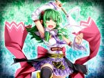 alternate_costume alternative_outfit blush bow detached_sleeves frog frog_hair_ornament gohei green_eyes green_hair hair_ornament headset highres kazetto kochiya_sanae long_hair necktie open_mouth skirt smile snake solo thighhighs touhou vocaloid wide_sleeves zettai_ryouiki 