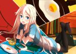  black_legwear blue_eyes braid computer crossed_arms egg food fried_egg frying_pan ia_(vocaloid) laptop long_hair lying on_stomach phantania pink_hair plate solo sunny_side_up_egg thigh-highs thighhighs vocaloid 