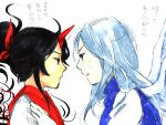  black_hair blush eye_contact flat_gaze horn konngara looking_at_another multiple_girls ponytail profile sariel side silver_hair smkd2 touhou touhou_(pc-98) translated translation_request wings yuri 