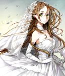  :o breasts brown_hair cleavage douremi dress elbow_gloves elf gloves highres long_hair looking_at_viewer original pointy_ears solo veil wedding_dress white_gloves wind yellow_eyes 