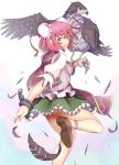  bandage bandages bird bird_on_arm double_bun eagle feathers ginko_(nico) ibaraki_kasen leg_up looking_at_viewer outstretched_arm outstretched_hand pink_eyes pink_hair puffy_sleeves shackle shirt short_hair short_sleeves skirt solo tabard touhou turning upskirt 