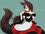 1girl animal_ears bare_shoulders brooch brown_hair dress fingernails imaizumi_kagerou jewelry long_fingernails long_hair nekomissile red_eyes simple_background solo tail touhou very_long_hair wolf_ears wolf_tail 