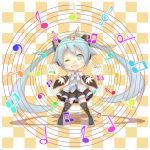  aqua_eyes aqua_hair chibi detached_sleeves hatsune_miku highres long_hair looking_at_viewer musical_note open_mouth shiitake_(mm0820) skirt smile solo thigh-highs thighhighs twintails very_long_hair vocaloid wink 