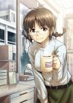  1girl akizuki_ritsuko breasts brown_eyes brown_hair coffee cup glasses idolmaster inu_(aerodog) mug short_hair smile solo 