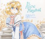  alice_margatroid aoneco blonde_hair blue_eyes book bow capelet dress hairband open_mouth ribbon shikishi short_hair solo touhou traditional_media 