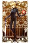  ahoge blonde_hair character_name excalibur fate/zero fate_(series) formal gloves green_eyes hachini hand_on_hilt necktie pant_suit ponytail saber solo stuffed_animal stuffed_lion stuffed_toy suit sword weapon 