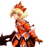  armor blonde_hair gloves grey_eyes hirokazu mole monster_hunter simple_background smile solo sword teostra_(armor) traditional_media weapon 