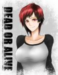  blush breasts collarbone dead_or_alive dead_or_alive_5 healtz highres large_breasts mila_(dead_or_alive) mila_(doa) raglan_sleeves red_eyes red_hair redhead short_hair smile solo title_drop 