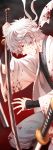  blood blurry depth_of_field gintama headband highres japanese_clothes joui katana masa_ashe planted_sword planted_weapon red_eyes sakata_gintoki silver_hair solo sword weapon 