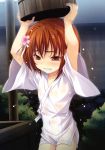  absurdres arms_up blush brown_eyes brown_hair bucket clenched_teeth clothed_navel collarbone hair_ornament highres miyama-zero nene_(oda_nobuna_no_yabou) oda_nobuna_no_yabou scan short_hair solo wet 