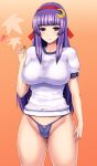  autumn_leaves breasts collarbone crescent gym_uniform hair_ribbon large_breasts long_hair miso_(misosiruoisi) no_pants panties patchouli_knowledge purple_eyes purple_hair purple_panties ribbon shirt solo t-shirt touhou underwear very_long_hair violet_eyes 