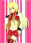  blonde_hair breasts cropped_jacket fate/stay_night fate/zero fate_(series) fur_trim genderswap gilgamesh halter_top halterneck jaku_711 long_hair navel red_eyes red_legwear short_shorts shorts slender_waist smile solo thigh-highs thigh_gap thighhighs unbuttoned under_boob underboob 