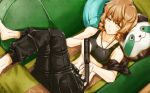 amane_suzuha ame_noti_hare armband bare_shoulders barefoot braid brown_hair couch crossed_legs gun jewelry legs_crossed lying midriff necklace on_back pants short_hair sitting solo steins;gate twin_braids weapon yellow_eyes 