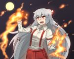  :d bow dai_(touhou_handdrawn) fire flame fujiwara_no_mokou full_moon hair_bow long_hair long_sleeves moon night open_mouth red_eyes silver_hair smile solo suspenders touhou 