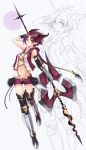  arm_up bandage bandages bare_shoulders black_gloves black_legwear blue_eyes breasts cleavage elbow_gloves gauntlets gloves greaves highres hoodie horns long_hair midriff navel original parted_lips pointy_ears polearm purple_hair short_shorts shorts solo spear taletale thigh-highs thighhighs weapon zoom_layer 