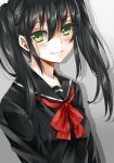  black_hair blush green_eyes jukuo jyuku_otoko long_hair looking_at_viewer original school_uniform serafuku smile solo twintails 