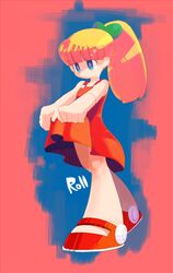  bare_shoulders blonde_hair blue_eyes capcom character_name doll_joints dress dress_lift hair_ribbon high_ponytail long_hair murayama_(mrym17) red_dress ribbon rockman rockman_(classic) roll sleeveless solo 