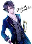  blue_eyes character_name fushimi_saruhiko glasses jacket k_(anime) maine short_hair solo sword weapon 
