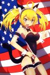  :d ahoge american_flag animal_ears blonde_hair blue_eyes blush breasts cat_ears cat_tail detached_collar fang fingernails fishnets flag garters hair_ribbon hairband highres large_breasts leotard open_mouth original petite ribbon smile solo star tail tom_(drpow) twintails 