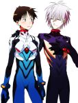  blush bodysuit brown_hair closed_eyes eyes_closed grey_hair hand_on_another&#039;s_chest hand_on_chest hand_on_own_chest hand_on_shoulder hosaka_dx ikari_shinji multiple_boys nagisa_kaworu neon_genesis_evangelion nervous plugsuit smile white_background 