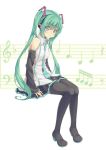  boots detached_sleeves green_eyes green_hair hatsune_miku headset long_hair looking_at_viewer musical_note necktie sitting skirt solo thigh-highs thigh_boots thighhighs totika twintails very_long_hair vocaloid 