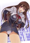  azarashing_day breasts brown_hair character_request gundam hands_on_hips highres large_breasts leaning_forward long_hair looking_at_viewer maria_owens open_mouth panties pantyshot sd_gundam_g-generation skirt solo sweatdrop underwear 