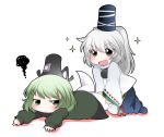  :&lt; chibi commentary_request dress fang ghost_tail green_dress green_eyes green_hair grey_eyes hammer_(sunset_beach) hat hat_ribbon japanese_clothes kariginu kneeling long_hair long_sleeves lying mononobe_no_futo multiple_girls on_stomach open_mouth outstretched_arms ponytail ribbon shirt short_hair silver_hair skirt smile soga_no_tojiko sparkle squiggle tail tail_grab touhou wide_sleeves 