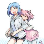  blue_hair casual closed_eyes dress eyes_closed hair_ornament hair_ribbon hairclip happy hoodie hug hug_from_behind kaname_madoka mahou_shoujo_madoka_magica miki_sayaka multiple_girls open_mouth pink_hair ribbon short_hair short_twintails shorts smile twintails yoplait 