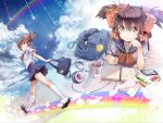  bag brown_eyes brown_hair cellphone china_dress chinese_clothes cloud clouds collarbone cup drawing hair_ribbon headphones holding looking_at_viewer multiple_views original pencil phone rainbow ribbon school_uniform skirt sky smile socks twintails walking water yuugen 