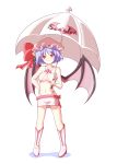 bat_wings boots fang hand_on_hip hat highleg highres midriff navel purple_hair race_queen racequeen red_eyes remilia_scarlet short_hair solo touhou tsunde_leon umbrella white_background wings 