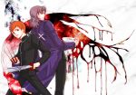  between_fingers black_keys brown_eyes brown_hair cassock cross cross_necklace emiya_shirou fate/stay_night fate_(series) highres jewelry kotomine_kirei kotomine_shirou male multiple_boys necklace woqi_youzi85 