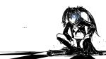  agepoyo bikini_top black_rock_shooter black_rock_shooter_(character) blue_eyes boots checkered checkered_floor coat glowing glowing_eye gun highres knee_boots long_hair minigun monochrome scar short_shorts shorts solo spot_color spread_legs squatting twintails weapon 