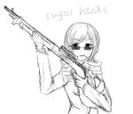 1girl breasts cleavage drill_hair exp formal gun mahou_shoujo_madoka_magica monochrome rifle scope sketch solo suit sunglasses tomoe_mami toothpick toothpick_in_mouth twin_drills weapon 