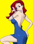  artist_request blue_eyes breasts copyright_request dress erect_nipples flower hand_on_hip large_breasts off_shoulder red_hair redhead shiny shiny_skin simple_background strap_slip 