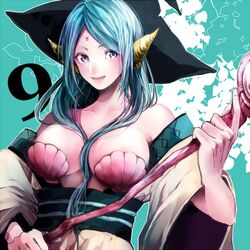  aqua_hair bare_shoulders blue_eyes breasts detached_sleeves front_ponytail hat kuchiyahaku large_breasts long_hair magi_the_labyrinth_of_magic shell shell_bikini smile solo staff witch_hat yamuraiha 