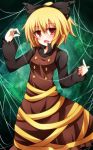  blonde_hair bow brown_dress brown_eyes dress hair_bow highres kurodani_yamame long_sleeves open_mouth shirt smile solo spider_web taku10 touhou web 