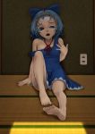  alternate_hairstyle bare_legs bare_shoulders barefoot blue_eyes blue_hair bow cirno dress electric_socket feet forehead hair_bow hair_up hot indoors neck_ribbon off_shoulder open_mouth raming_(0raming0) ribbon sitting soles solo strap_slip sweat tatami toes touhou uneven_eyes 