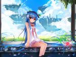  1girl absurdly_long_hair bare_shoulders blue_hair feet_in_water floating_island hat highres hinanawi_tenshi long_hair red_eyes shuizao_(little_child) soaking_feet solo touhou very_long_hair water 
