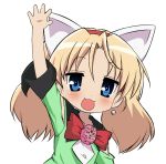  :3 animal_ears blonde_hair blue_eyes cat_ears earrings izumi_konata jewelpet_(series) jewelpet_tinkle jewelry long_hair lucky_star miria_marigold_mackenzie miria_marigold_mackenzie_(cosplay) nyama open_mouth parody smile solo style_parody twintails waving 