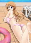  ass bikini blue_eyes blush breasts brown_hair fuuma_nagi highres innertube large_breasts long_hair looking_at_viewer looking_back lying on_stomach open_mouth original perspective pool poolside stomach swimsuit underboob 