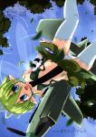  :d absurdres bare_shoulders blue_eyes blue_sky blurry clothed_navel depth_of_field fairey_battle fairy_wings flat_chest flying from_below green_hair headdress highres leaf mamo mc_axis mecha_musume open_mouth original panties personification pointy_ears propeller scan short_hair skirt sky smile solo thigh-highs thighhighs underwear white_legwear white_panties wings 