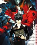  arsene_(persona_5) black_hair card english hand_in_pocket height_chart highres holding holding_card kurusu_akira no_glasses official_art persona persona_5 protagonist_(persona_5) school_uniform short_hair smile soejima_shigenori turtleneck 