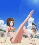  arm_support arms_up barefoot beach_umbrella bikini brown_hair carrying closed_eyes cloud feet friends frilled_bikini frills front-tie_top futami_ami futami_mami green_eyes hair_ornament happy idolmaster inflatable_shark leg_lift lens_flare namco navel open_mouth siblings sitting sky smile swimsuit twins 