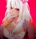  akuan_(7jackpot7) bust flat_gaze fujiwara_no_mokou light_smile long_hair looking_at_viewer nail_polish open_clothes open_shirt pink_eyes red red_background sarashi solo tongue tongue_out touhou white_hair 