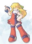  1girl adapted_costume bare_shoulders blonde_hair blush boots capcom colored_eyelashes doll_joints dress energy_tank green_eyes grin hair_ribbon highres long_hair ponytail ribbon rockman rockman_(classic) roll sleeveless smile solo wink 